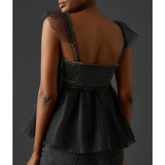 NWT Anthropologie Pilcro Sheer Tulle Babydoll Blouse Top Black Denim Corset XS - Picture 5 of 16